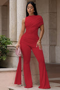 Solid Color One Shoulder Long Streamer Ruched Slim Fit Party Jumpsuit-Red