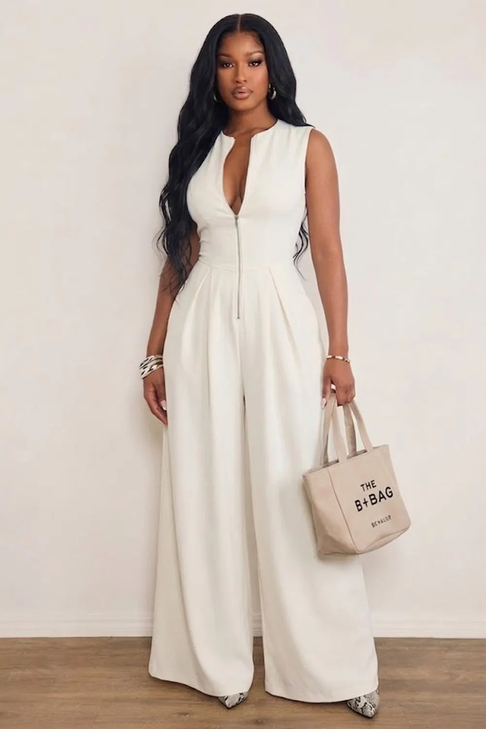 Crew Neck Zipper Cinch Waist Solid Color Casual Wide Leg Jumpsuit-White