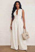 Crew Neck Zipper Cinch Waist Solid Color Casual Wide Leg Jumpsuit-White