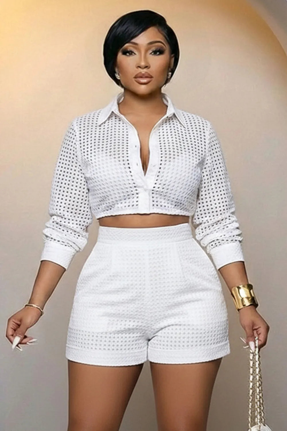 Collar Crop Top High Waist Shorts Casual 2pcs Set-White