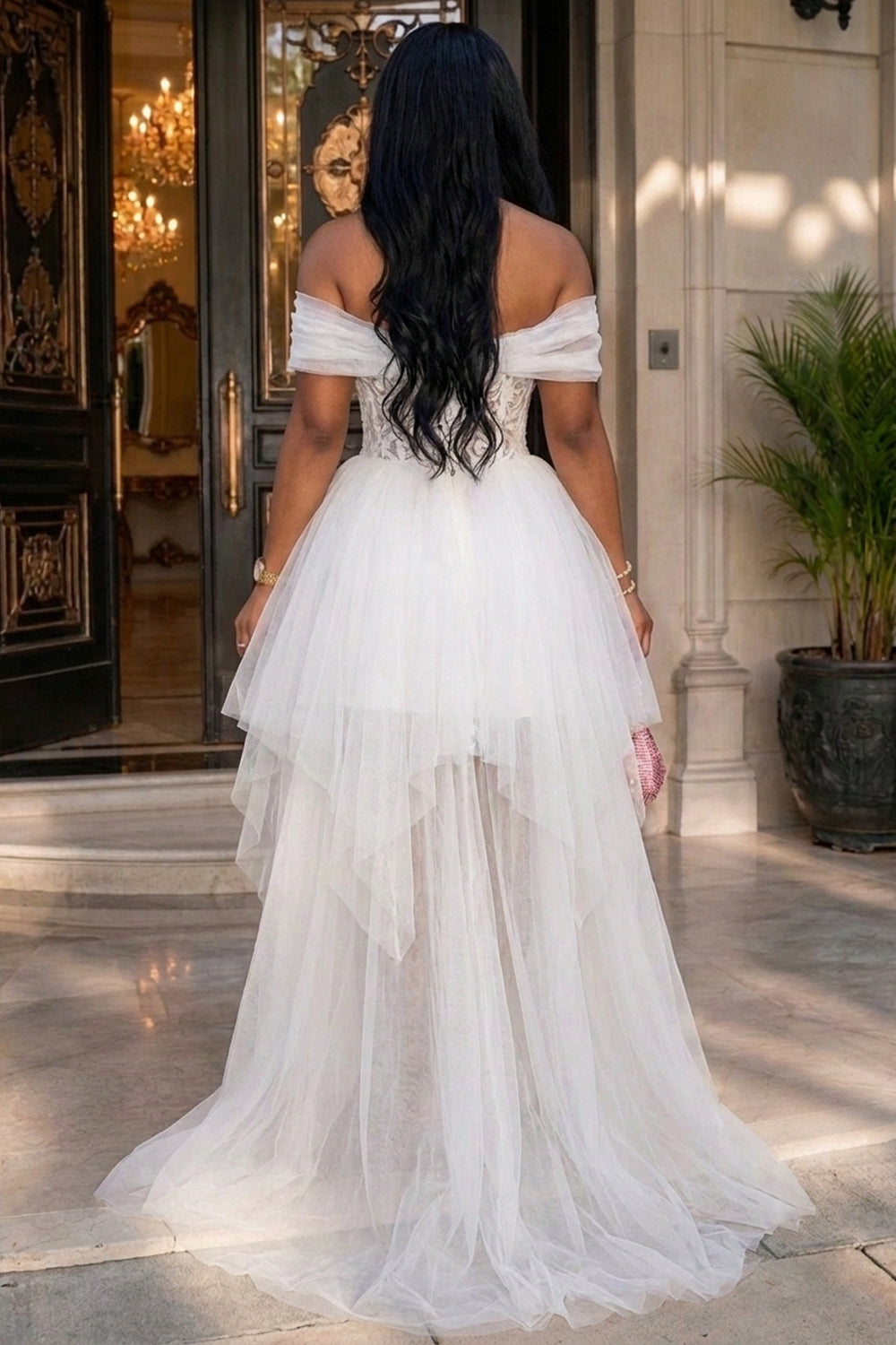 Off Shoulder Floral High-Low Hem Mesh Gowns Maxi Dresses-White