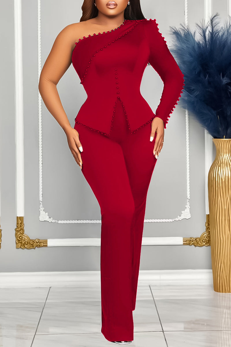 Beads Single Long Sleeve A-Line Top Straight Leg Pants Matching Set-Black