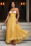 Cami Neck Cinch Waist Contrast Ruffle Hem Maxi Dresses-Yellow