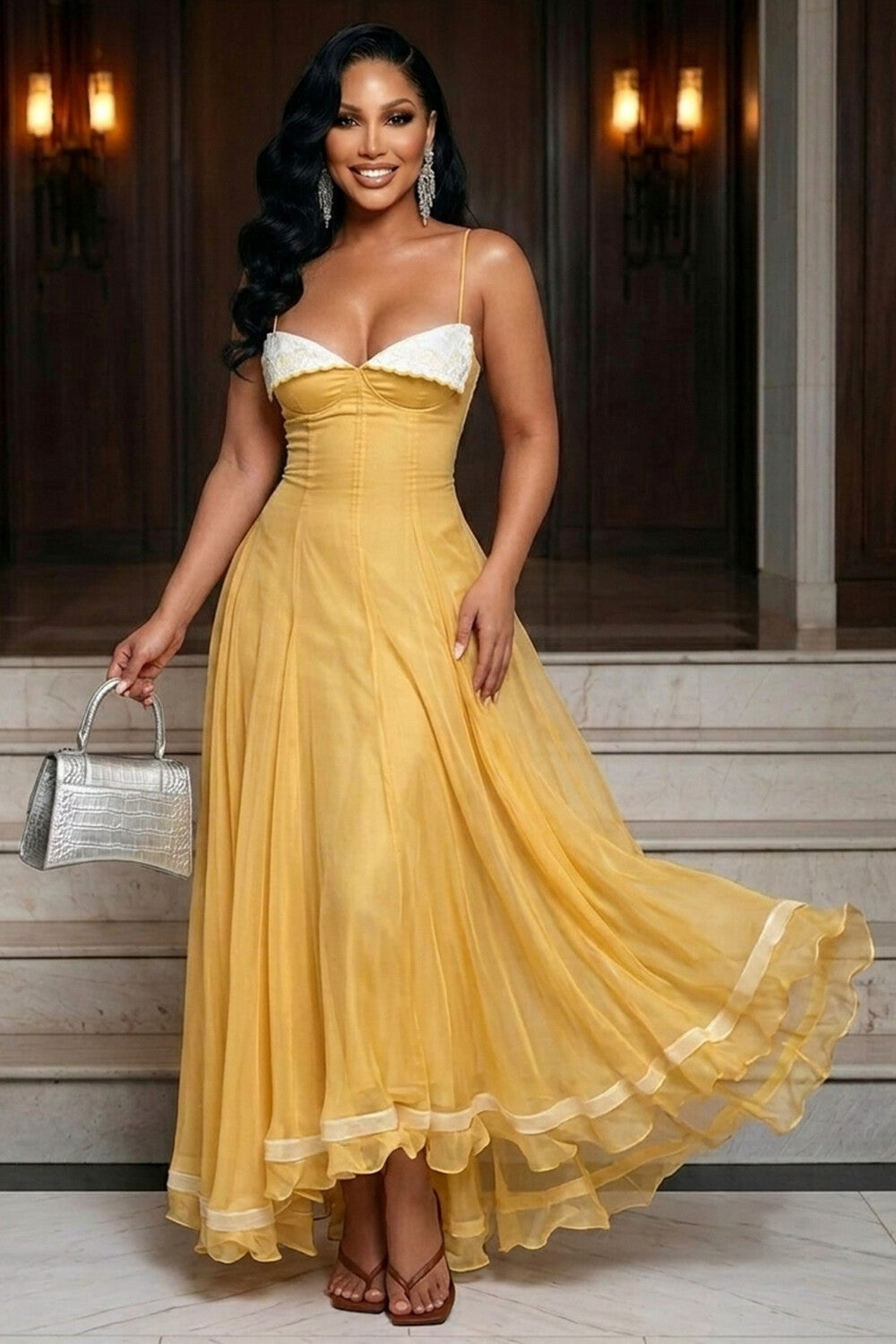 Cami Neck Cinch Waist Contrast Ruffle Hem Maxi Dresses-Yellow
