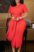 Round Neck Short Sleeve Top Ruched Midi Skirt Solid Color Formal 2pcs Set-Red