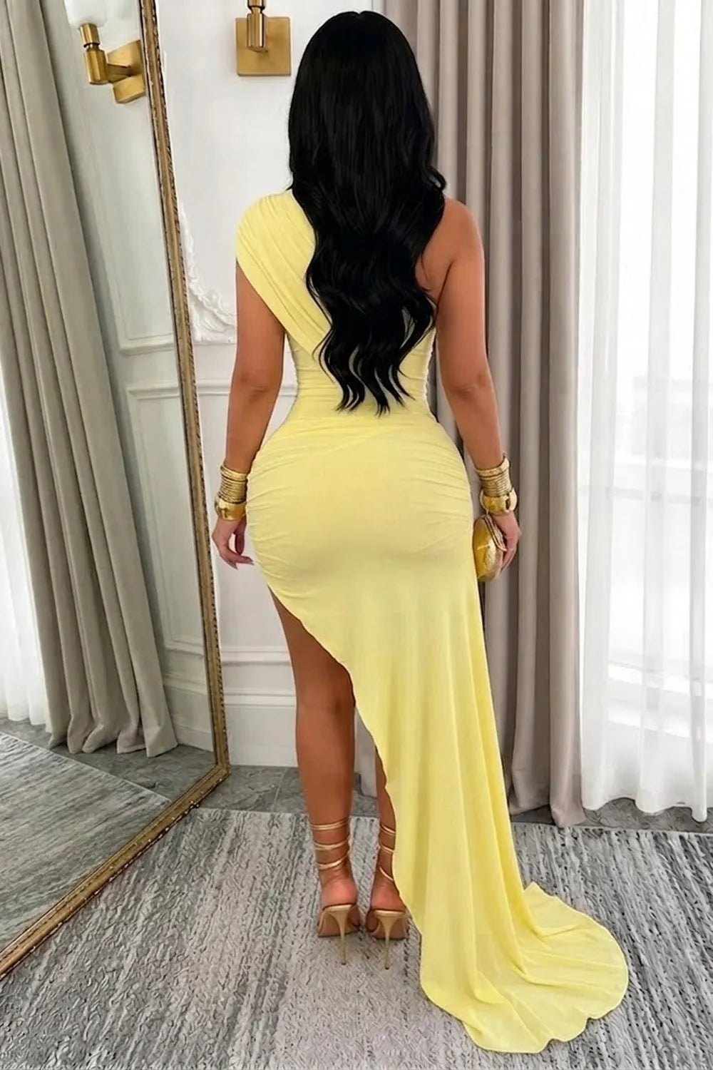 Mock Neck Ruched Long Train High Low Hem Bodycon Party Maxi Dresses-Yellow