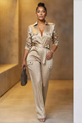 Collar 3/4 Sleeve Multi-Pocket Wrap Jumpsuit-Champagne