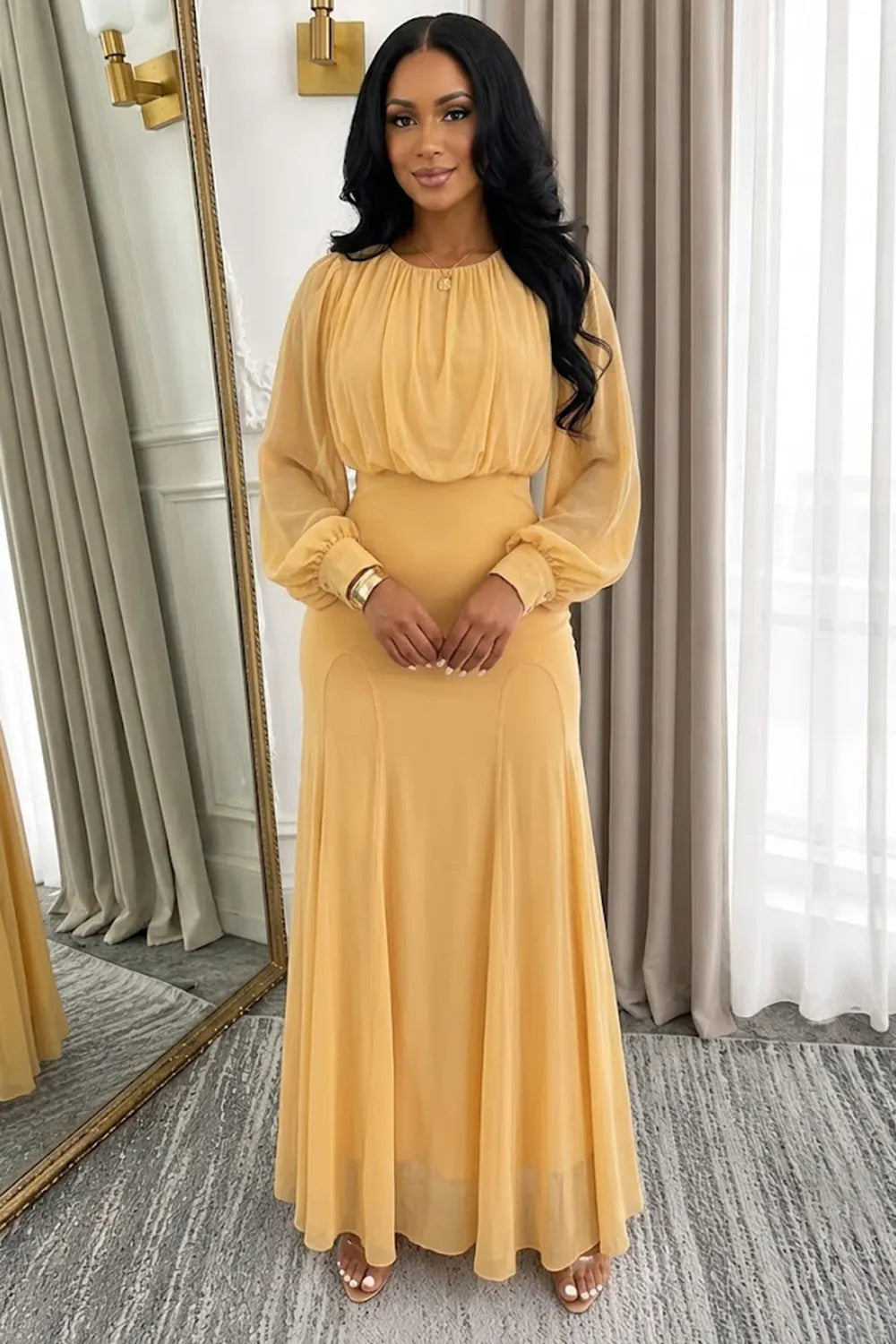 Round Neck Long Sleeve High Waist Draped Evening Gowns Maxi Dresses-Green
