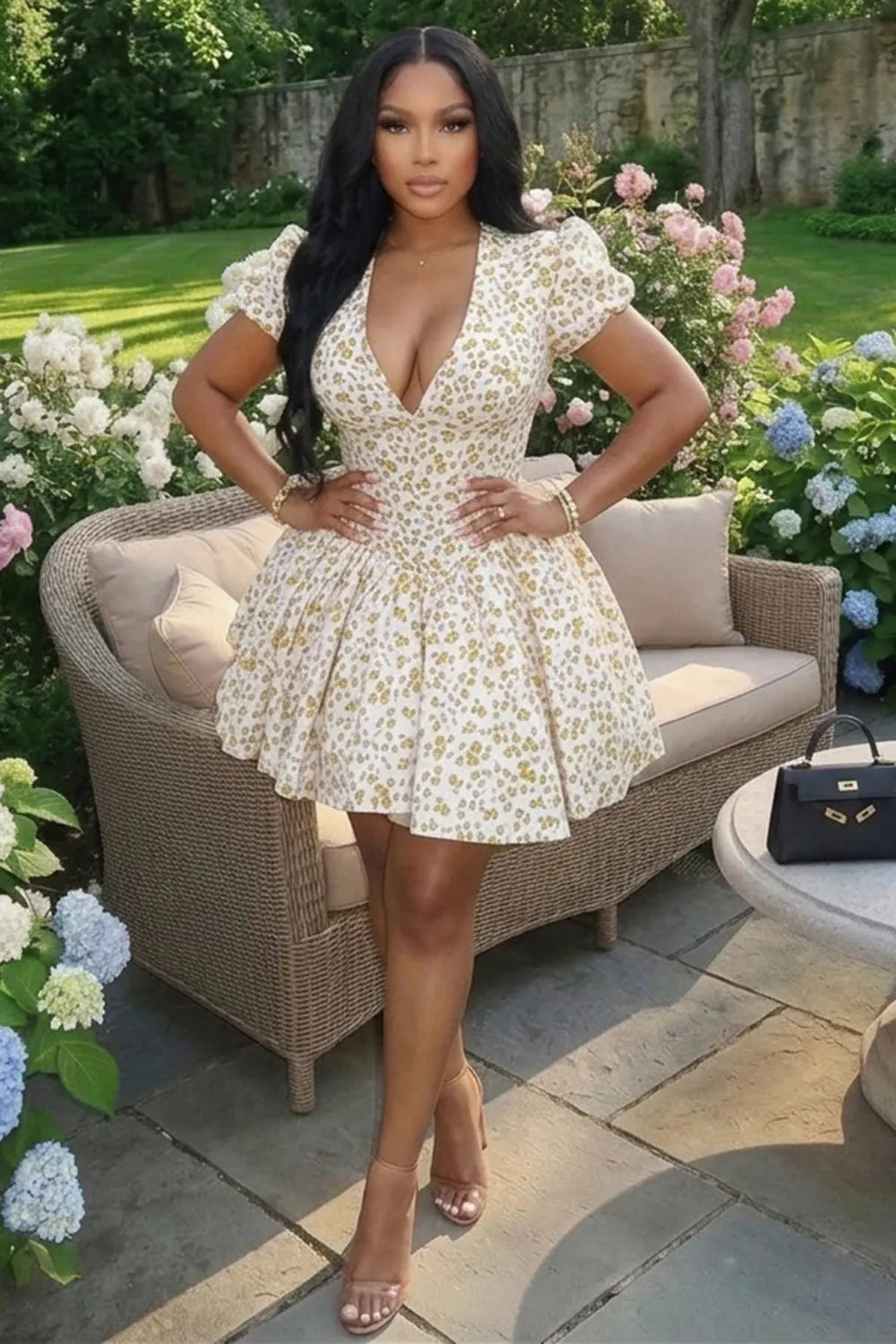 Deep V Neck Puff Sleeve Cinch Waist A-Line Mini Dresses-Beige