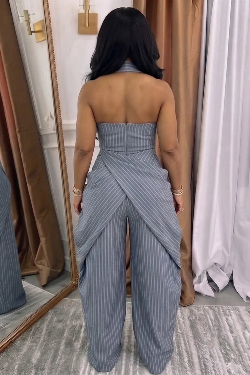 Pinstripe Halter Top Draped Wide Leg Pants Casual 2pcs Set-Blue