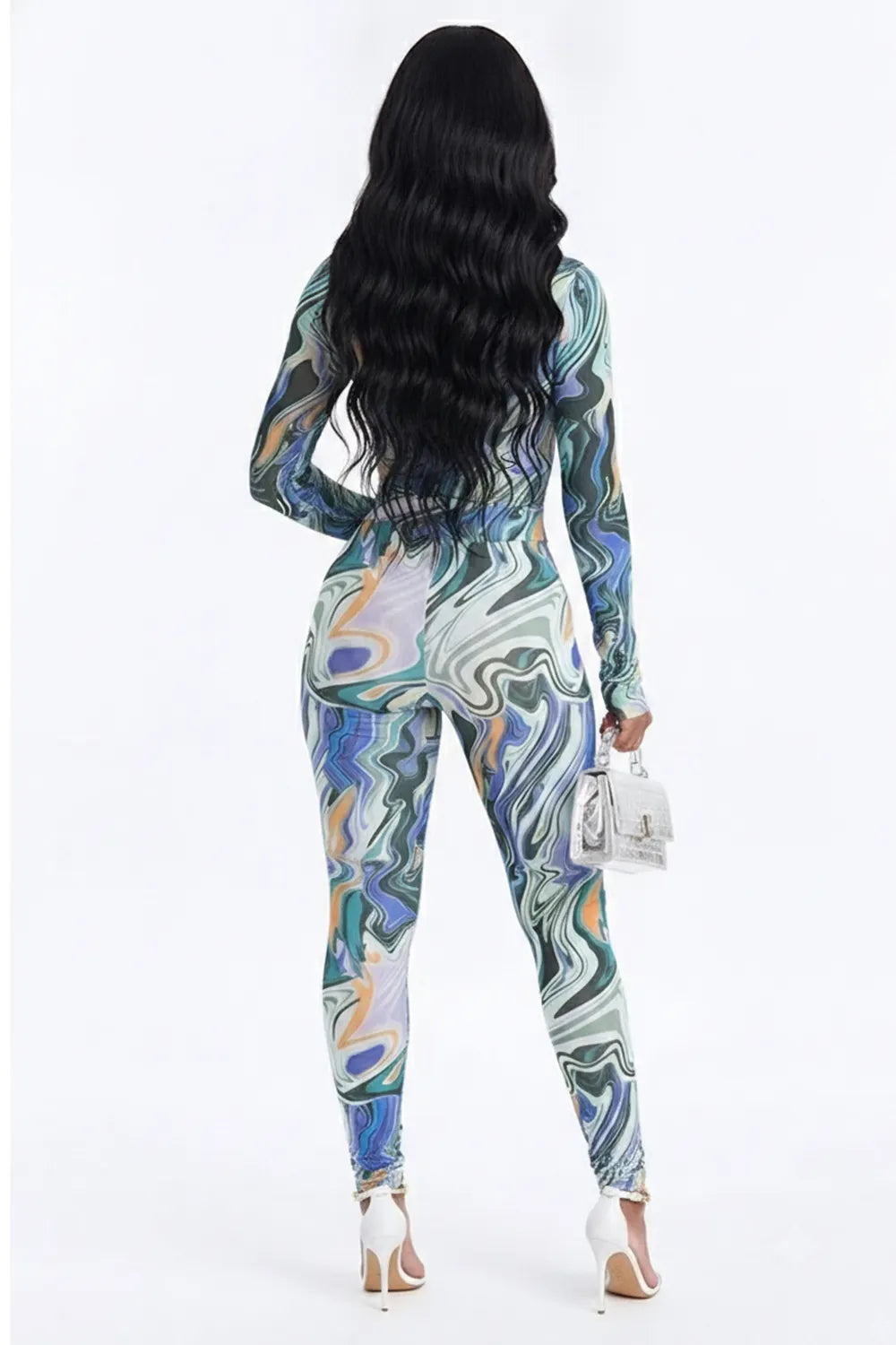 All Over Print Round Neck Long Sleeve Bodysuit Slim Fit Pants 2pcs Set-Blue