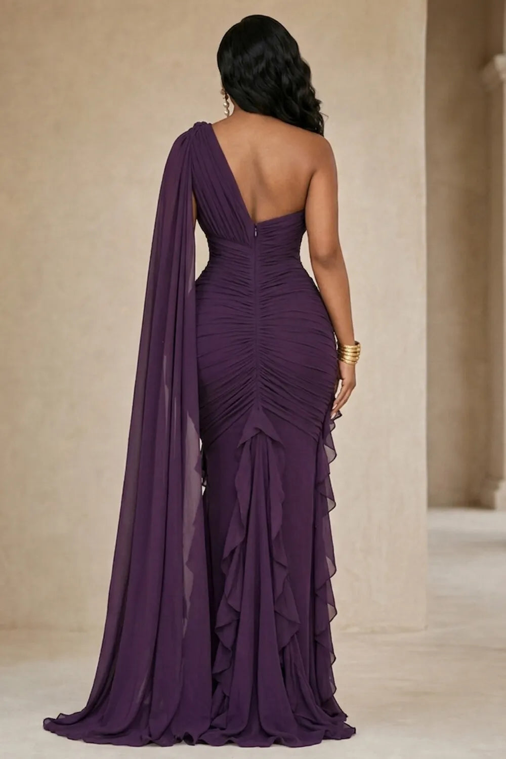 Oblique Collar Long Streamer Ruffle Hem Slit Maxi Dresses-Purple