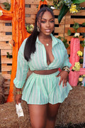Striped Print Long Sleeve Top Mini Skirt Casual 2pcs Set-Green