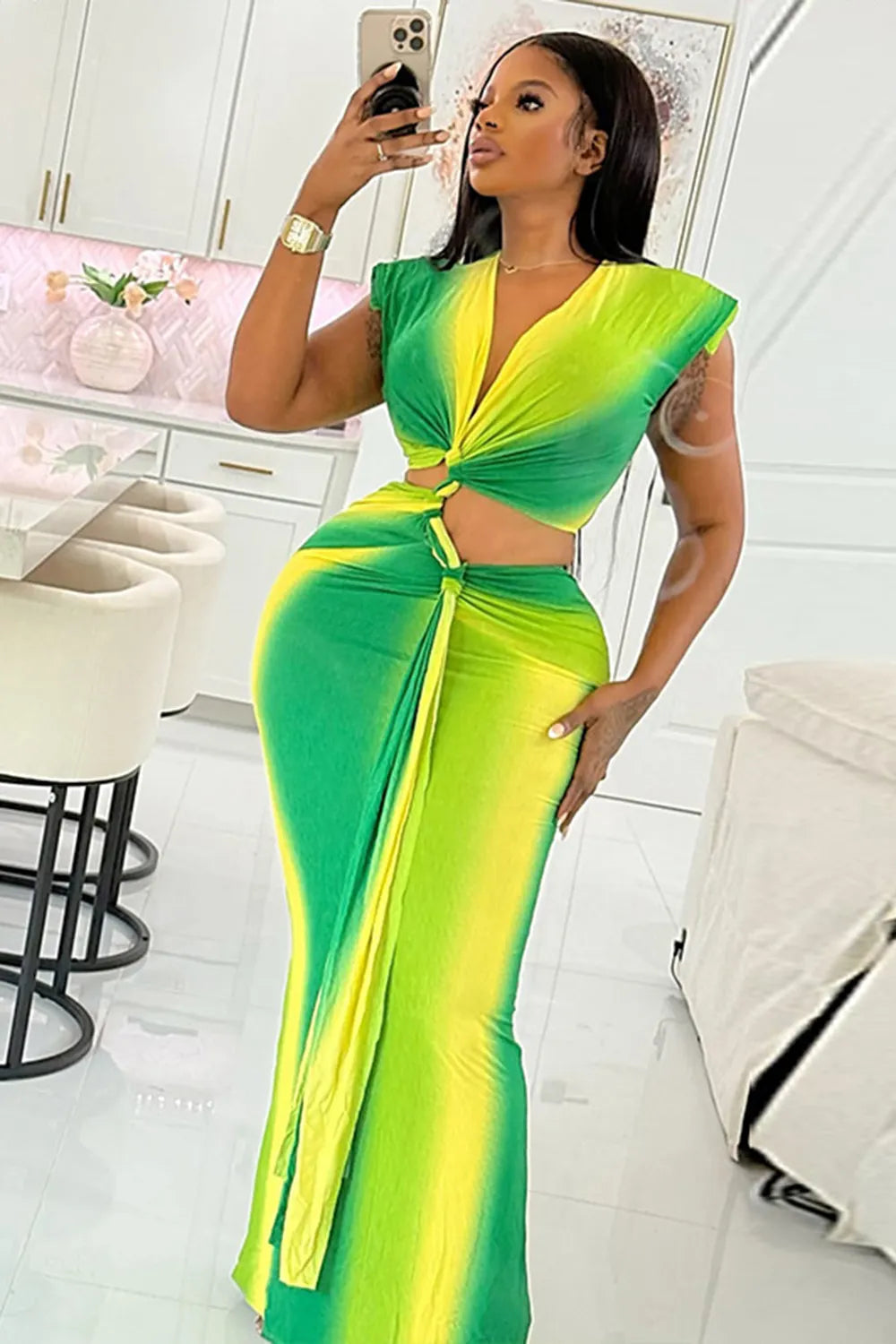 Ombre Color V Neck Cut Out Twisted Knot Bodycon Vacation Maxi Dresses-Green