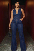Denim Square Neck Sleeveless Zipper Wide Leg Casual Jumpsuit-Navy