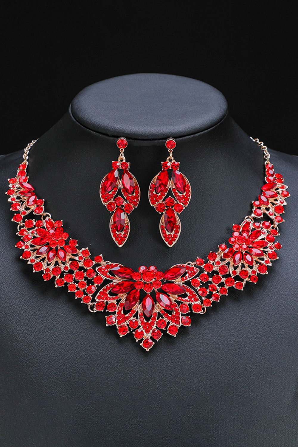 Elegant Floral Leaf Shaped Rhinestone Necklace Earrings Jewelry Set
