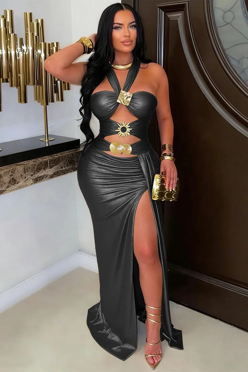 Halter Neck Front Cut Out Ruched High Slit Vacation Maxi Dresses-Black