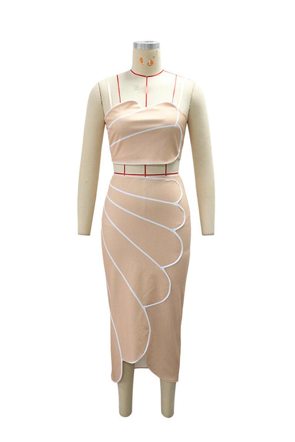 Contrast Piping Scallop Trim Cami Neck Top Midi Skirt Gowns 2pcs Set-Brown