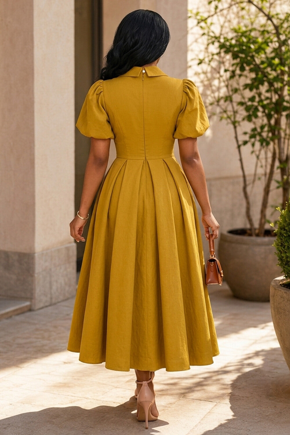 Bubble Sleeve Single Breasted A-Line Casual Maxi Dresses-Yellow
