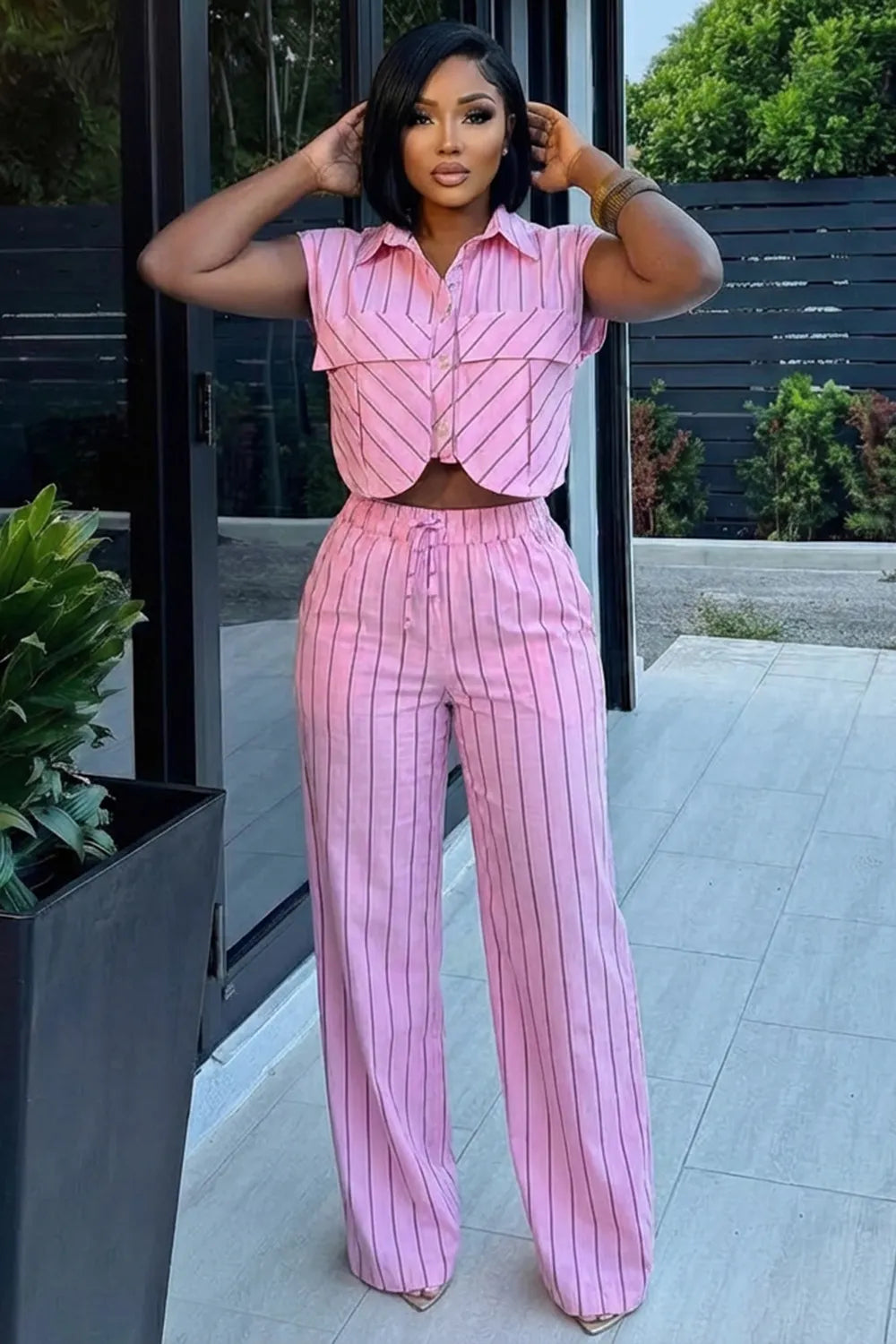 Collar Sleeveless Top Drawstring Pants 2pcs Set-Pink