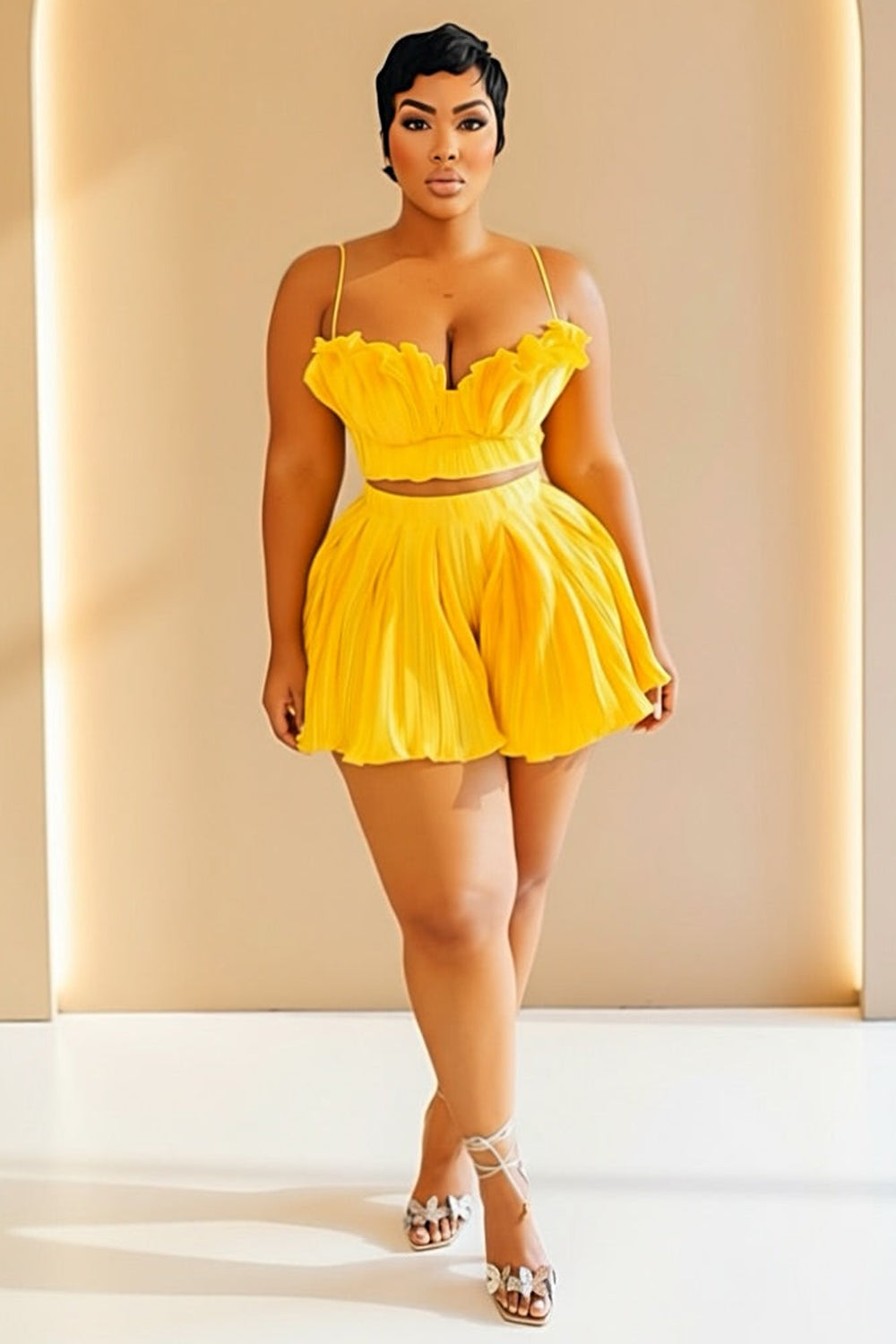 Ruched Cami Neck Crop Top High Waist Skort Vacation 2pcs Set-Yellow