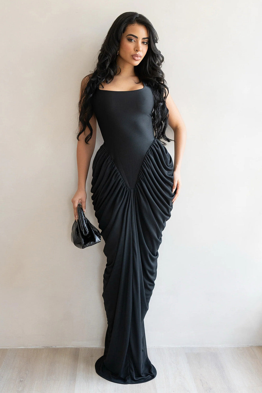 Square Neck Wide Strap Cinched Waist Ruched Bodycon Gowns Maxi Dresses-Yellow