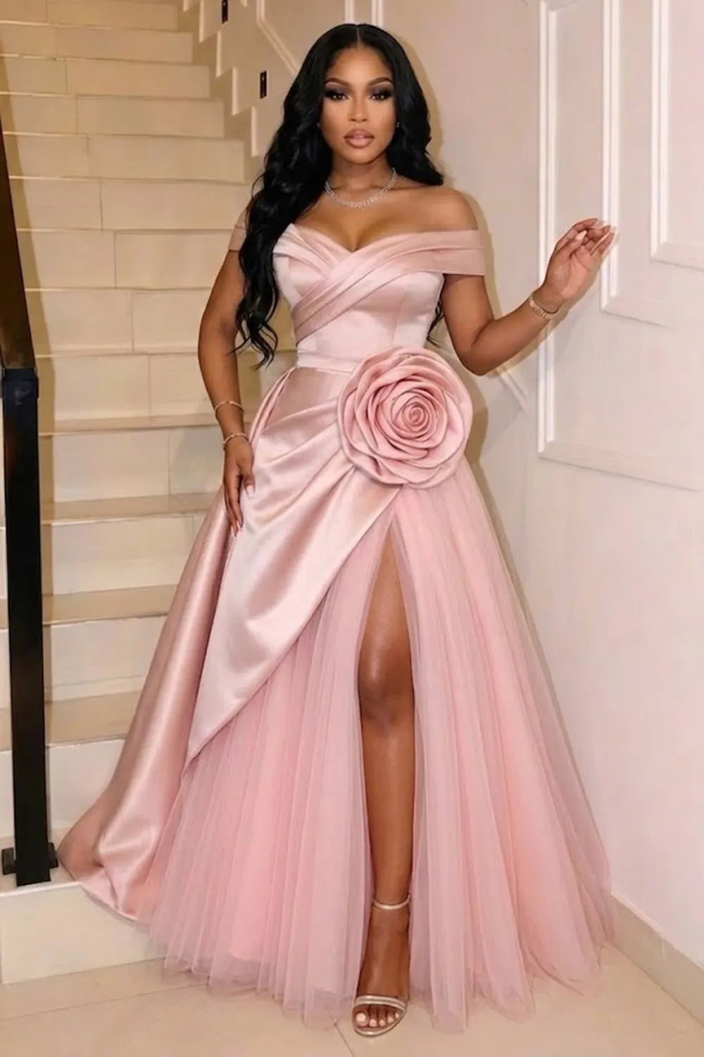 Off Shoulder 3D Floral Decor Slit Mesh Gowns Maxi Dresses-Pink
