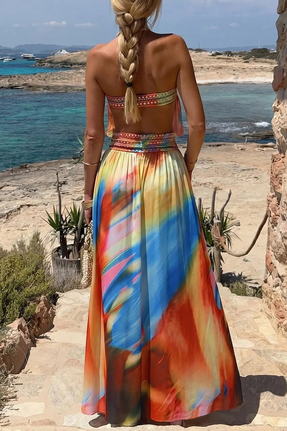 Tie Dye Print Strapless Cut Out High Slit Vacation Maxi Dresses