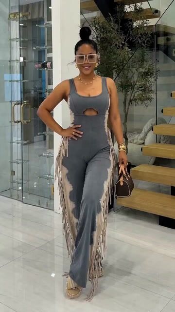 U Neck Cutout Wide Leg Side Fringed Sleeveless Jumpsuit-Gray