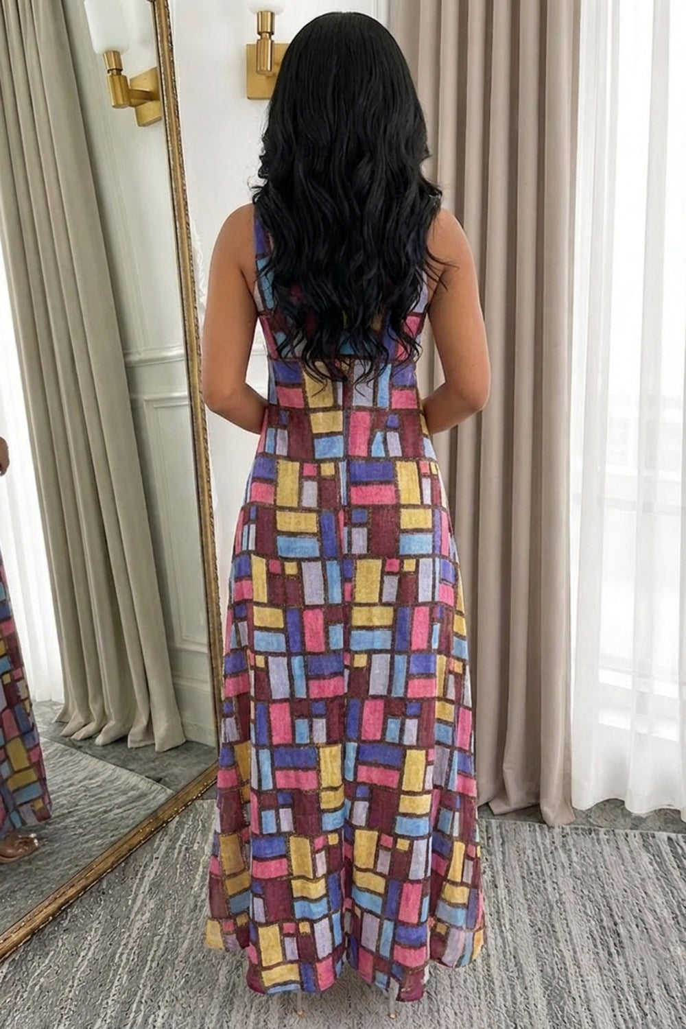 Colorblock Wide Strap Sleeveless Loose Fit Casual Maxi Dresses
