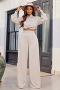 Shirt Collar Knot Hem Top Wide Leg Pants Casual 2pcs Set-Gray