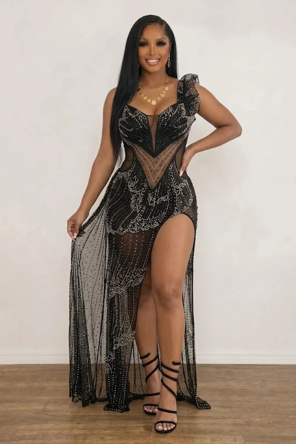 Mesh See-Through V Neck Hot Drillings Slit Cami Party Maxi Dresses-Apricot