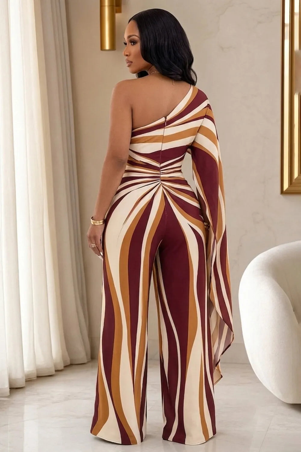 Colorblock Oblique Collar Cinch Waist Wide Leg Jumpsuit-Burgundy