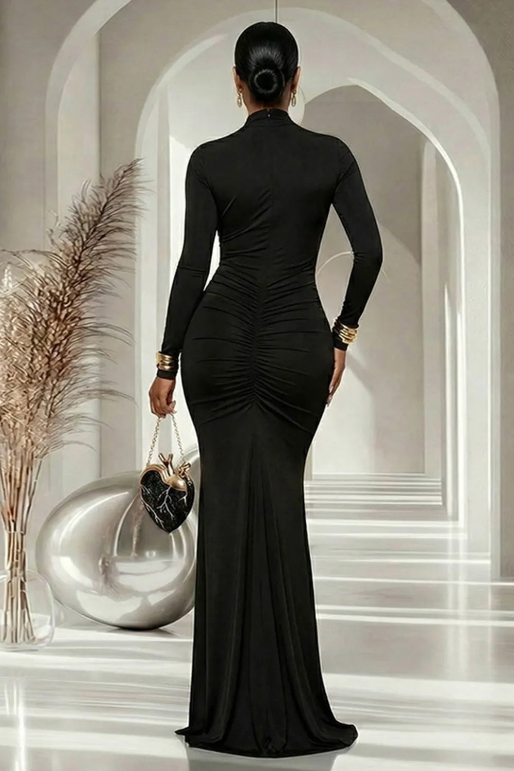 Plain Crossover Cutout Long Sleeve Ruched Bodycon Gowns Maxi Dresses-Brown
