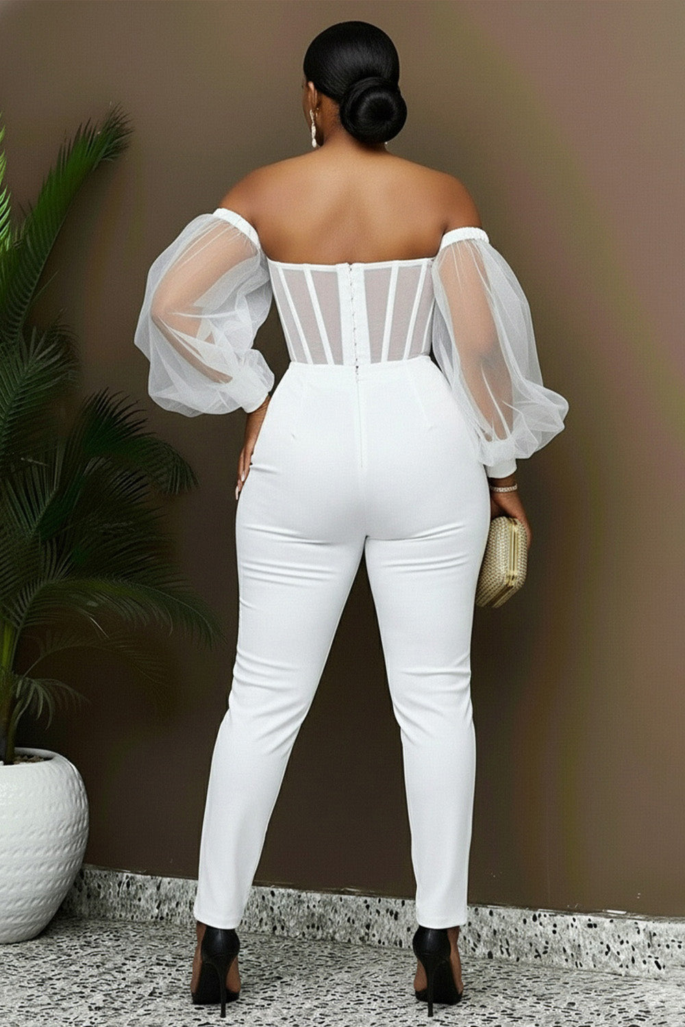 Off Shoulder Lantern Sleeve Cinch Waist Slim Fit Jumpsuit-White