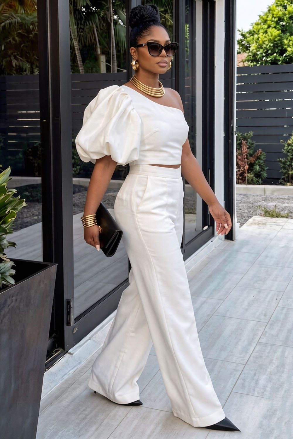 One Shoulder Puff Sleeve Top Wide Leg Pants Casual 2pcs Set-White