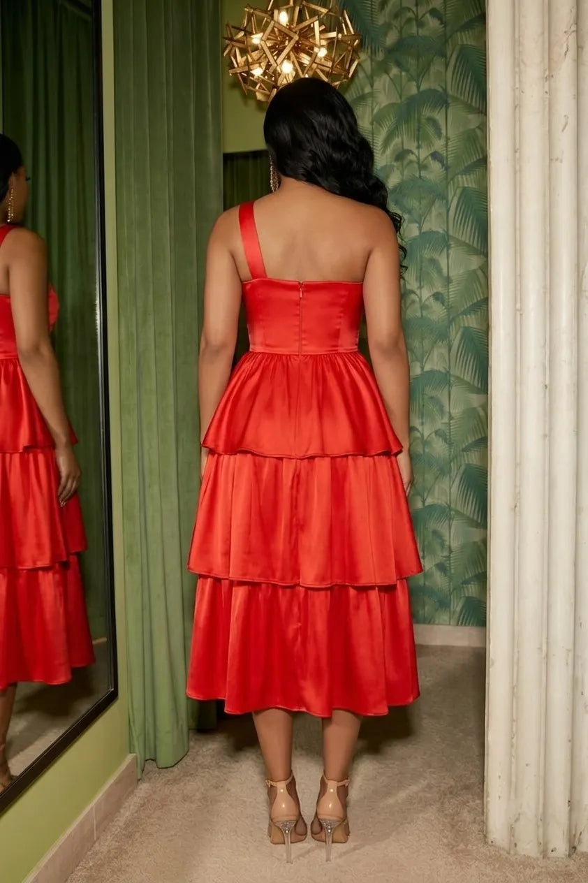 One Shoulder Cinch Waist Layered Ruffles Party Midi Dresses-Red