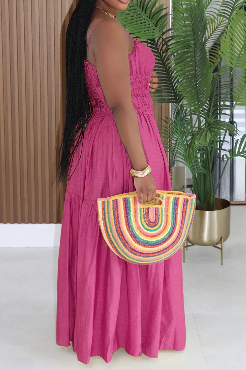 Spaghetti Strap Ruched Solid Color A-Line Vacation Maxi Dresses-Yellow