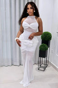 Halter Neck Semi-Sheer Patchwork Ruched Gowns Maxi Dresses-White