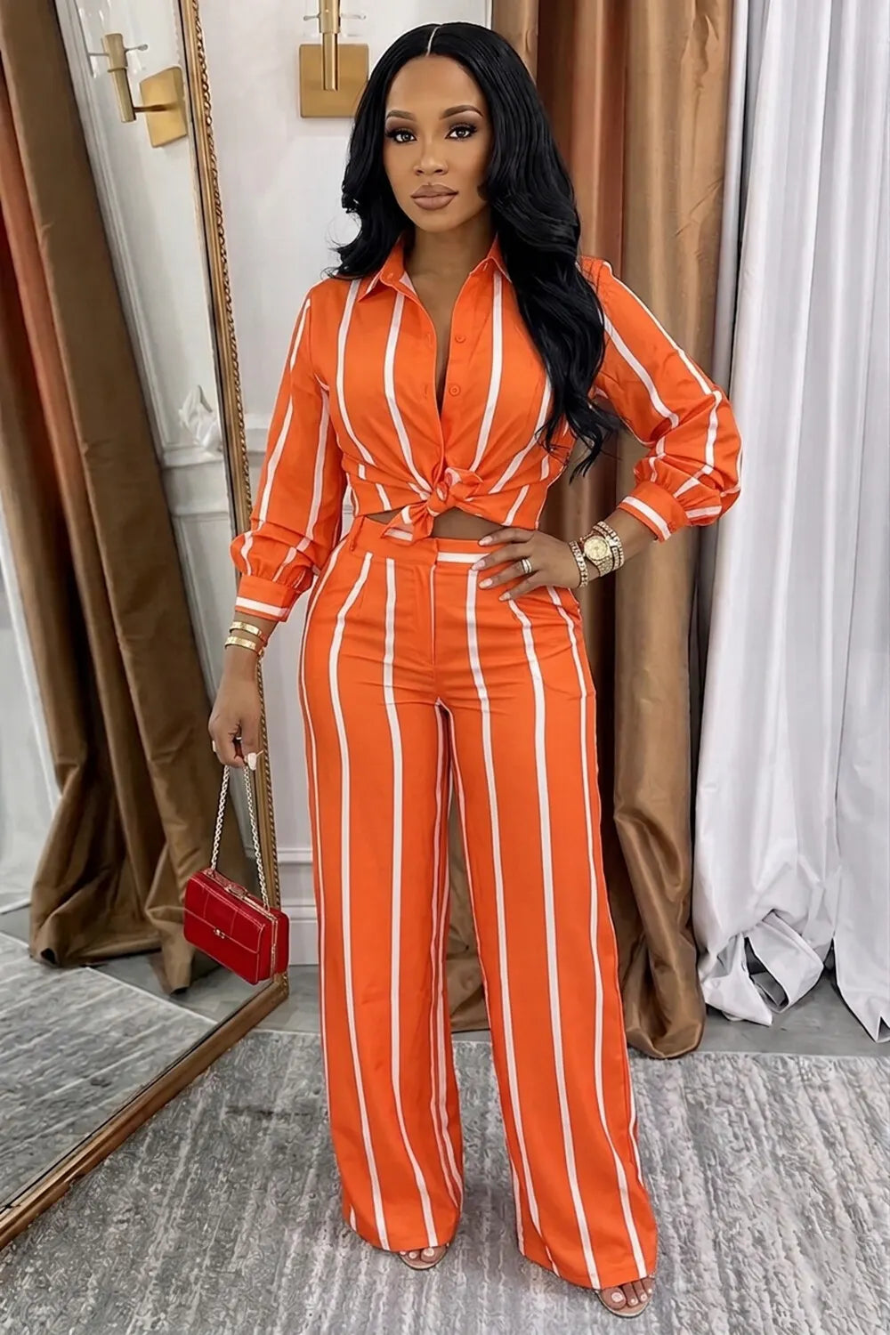 Stripe Shirt Collar Top Straight Leg Pants Casual 2pcs Set-Orange
