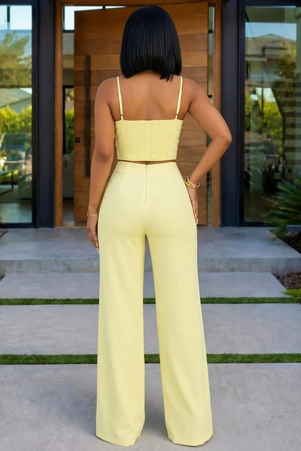 Gold Buttons Smocking Crop Cami Wide Leg Pants Casual 2pcs Set-Yellow