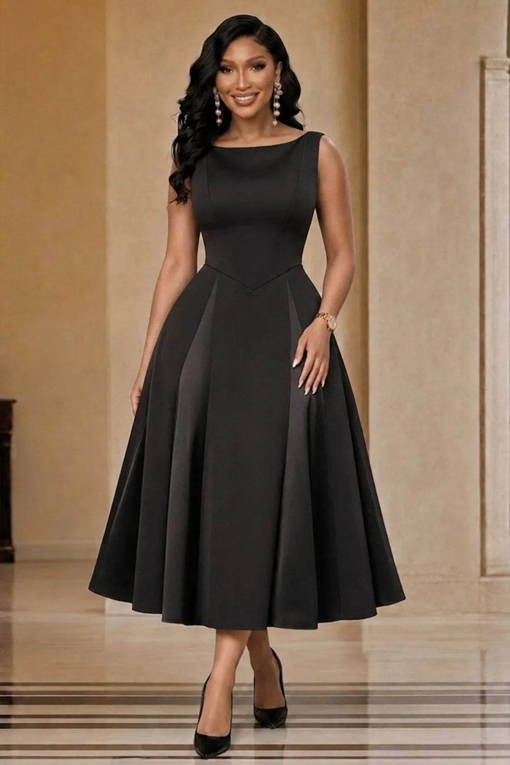 Solid Color Boat Neck Sleeveless Cinch Waist Midi Dresses-Black