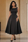 Solid Color Boat Neck Sleeveless Cinch Waist Midi Dresses-Black