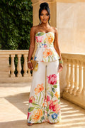 Floral Strapless Peplum Top Wide Leg Pants 2pcs Set