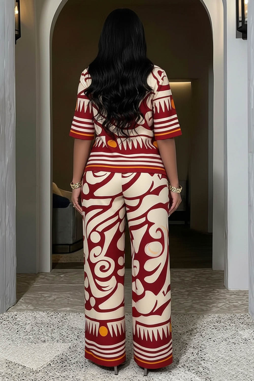 All Over Abstract Print Short Sleeve Blouse Wide Leg Pants 2pcs Set-Red