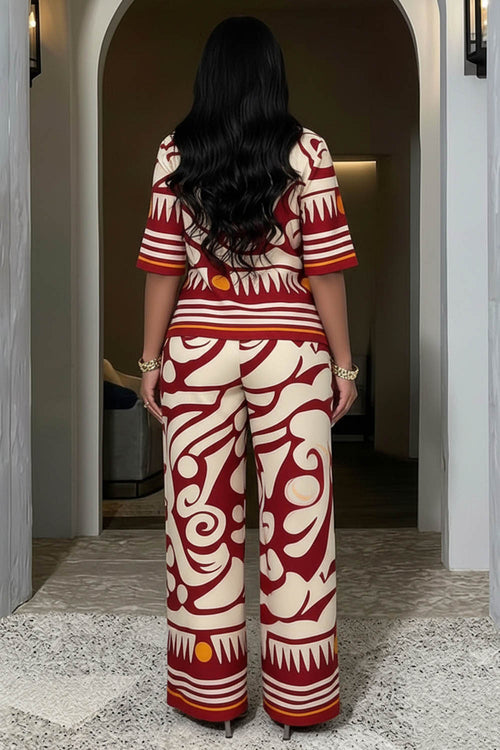 All Over Abstract Print Short Sleeve Blouse Wide Leg Pants 2pcs Set-Red