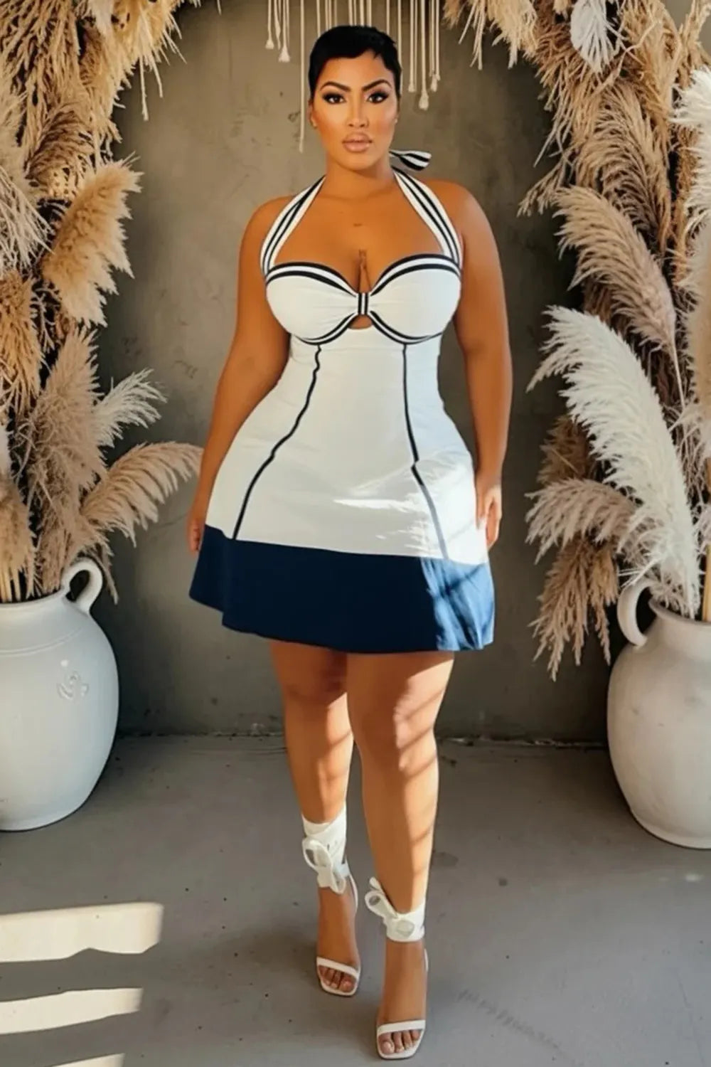 Halter Neck Colorblock A-Line Casual Mini Dresses-White
