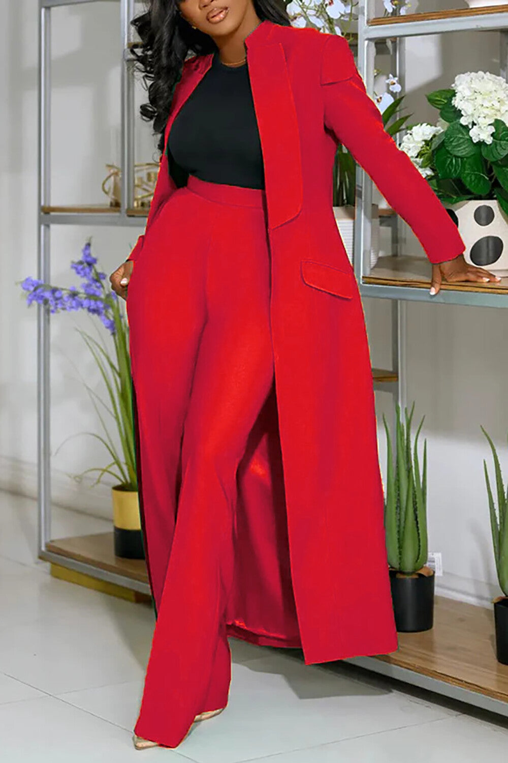 Collar Solid Color Long Blazer High Waist Pants 2pcs Set-Green