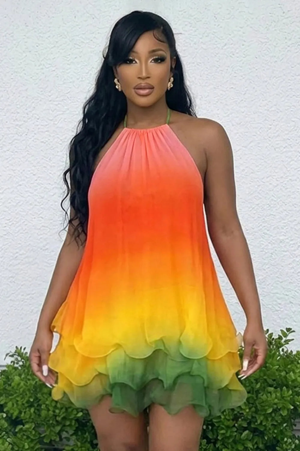 Halter Gradient Color Ruffle Vacation Mini Dresses