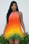 Halter Gradient Color Ruffle Vacation Mini Dresses